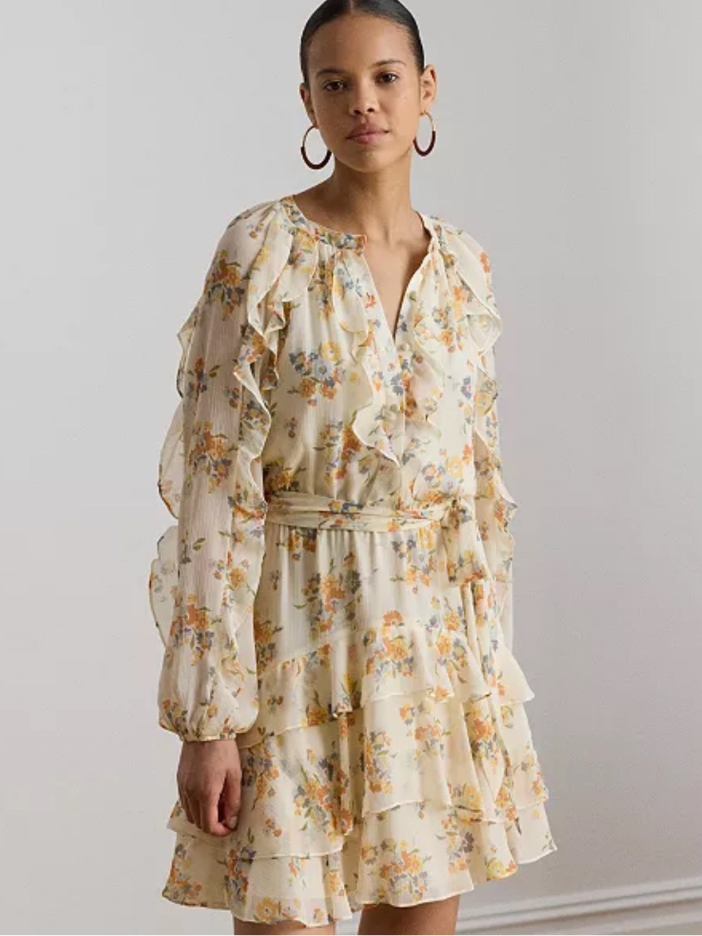 NWT Lauren Ralph Lauren Women's Band Collar Floral Ruffle-Trim Tiered Dress 8